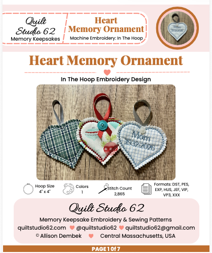 Heart Memory Keepsake Ornament Embroidery Design | In the Hoop Machine Embroidery Pattern
