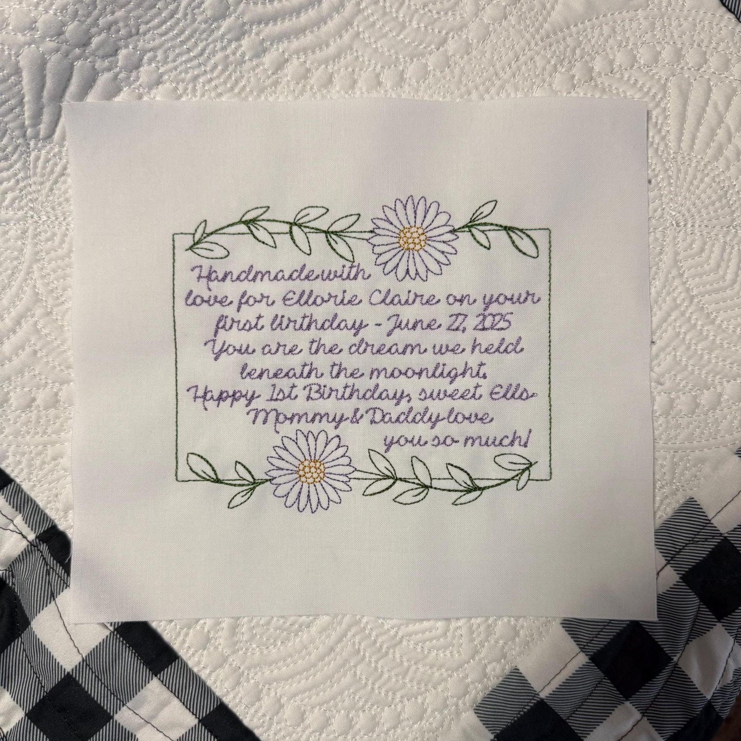 Embroidered Daisy Quilt Label Personalized
