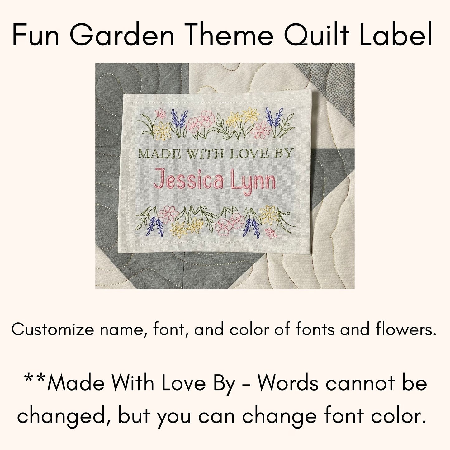 Custom Embroidered Floral Garden Quilt Label
