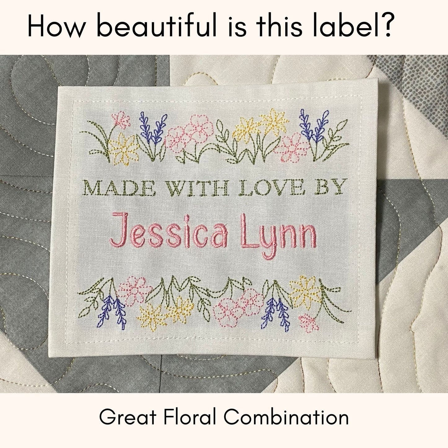 Custom Embroidered Floral Garden Quilt Label