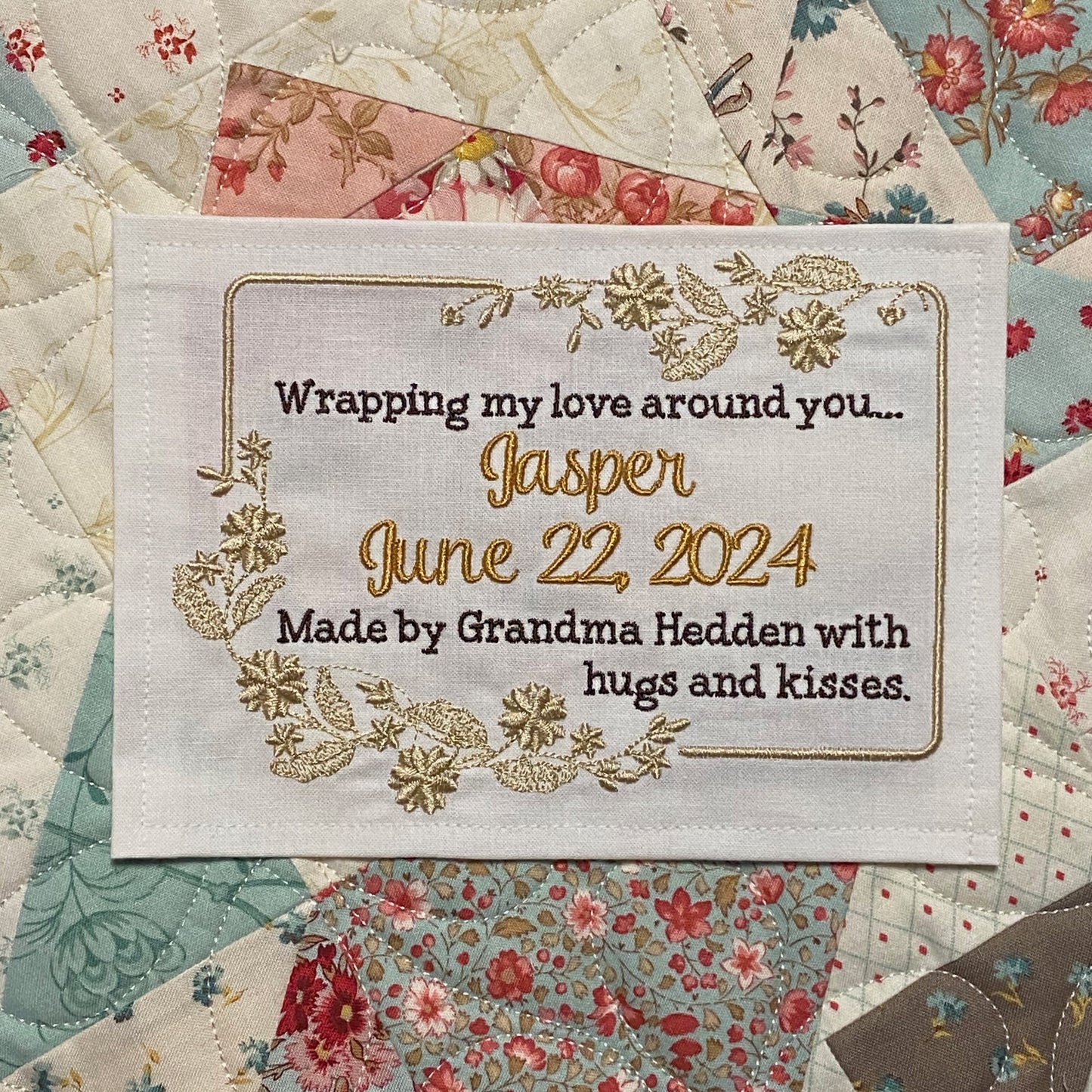 Custom Embroidered Floral Quilt Label | Personalized Quilt Tag