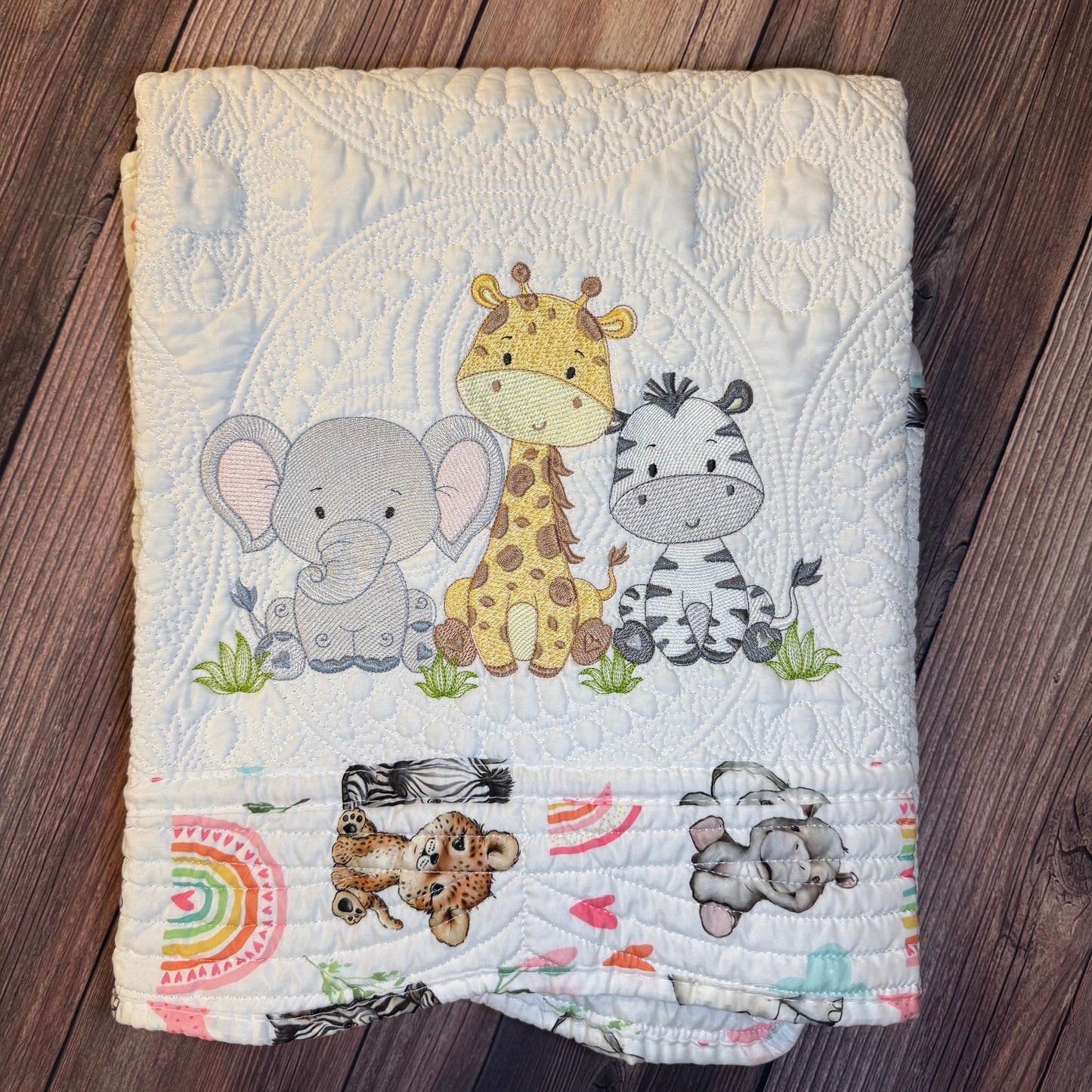 Safari Animal Rainbow Trim Heirloom Baby Quilt