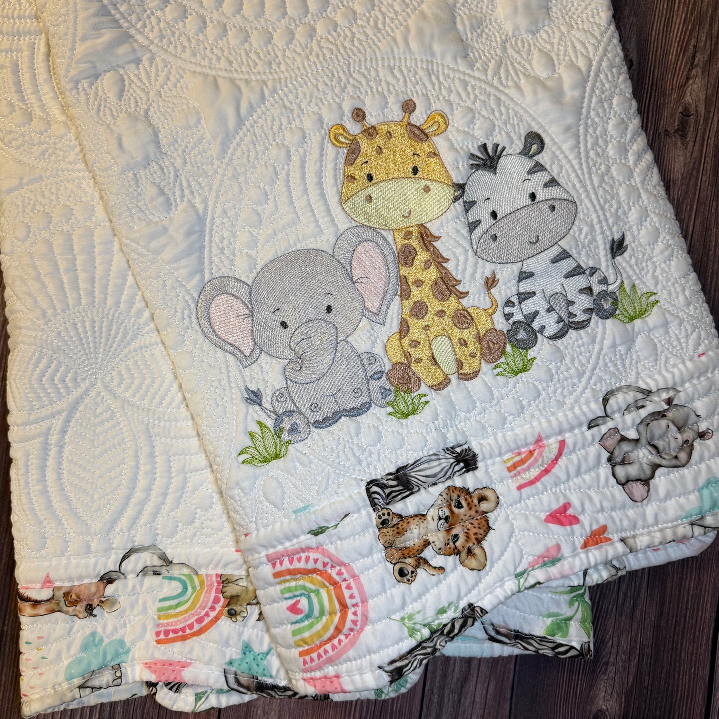 Safari Animal Rainbow Trim Heirloom Baby Quilt