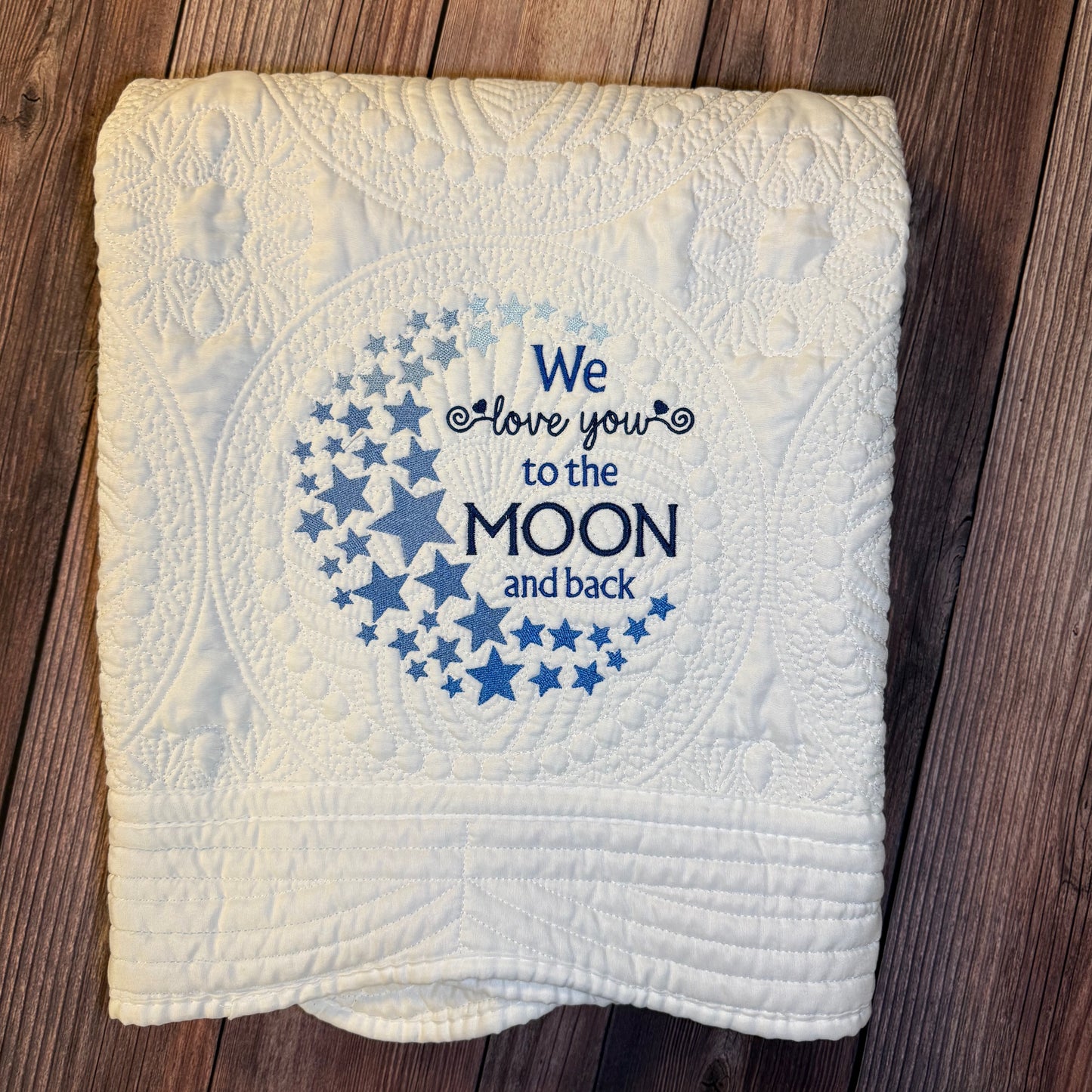 Moon And Back Blue Heirloom Baby Quilt