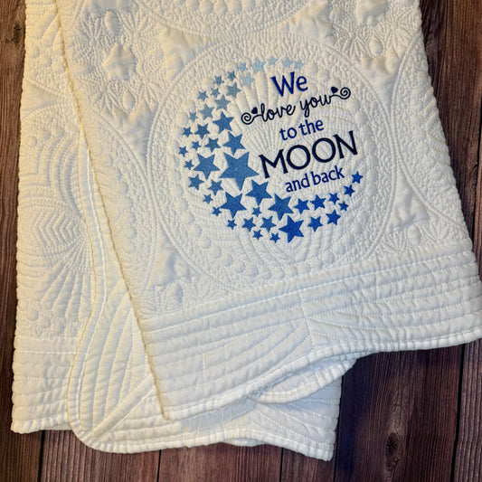 Moon And Back Blue Heirloom Baby Quilt
