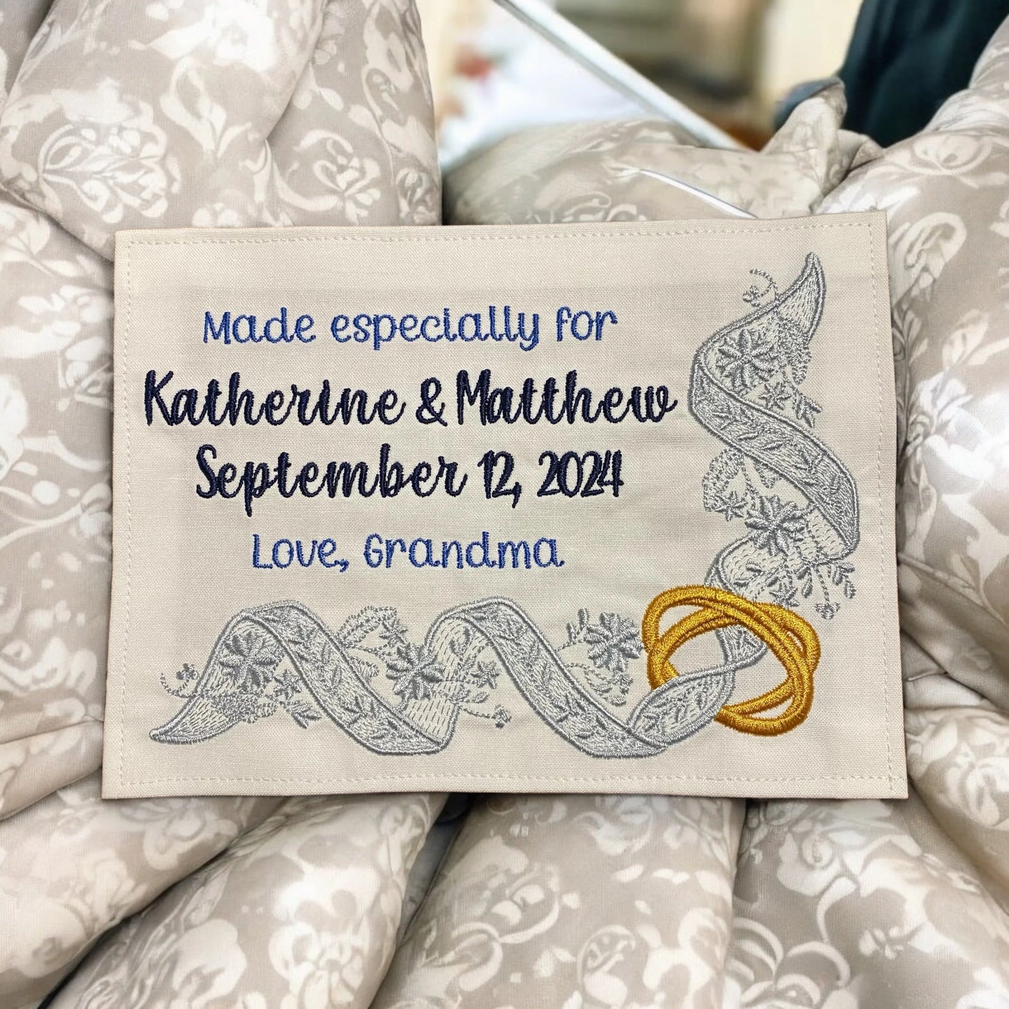 Custom Embroidered Wedding Ring Quilt Label