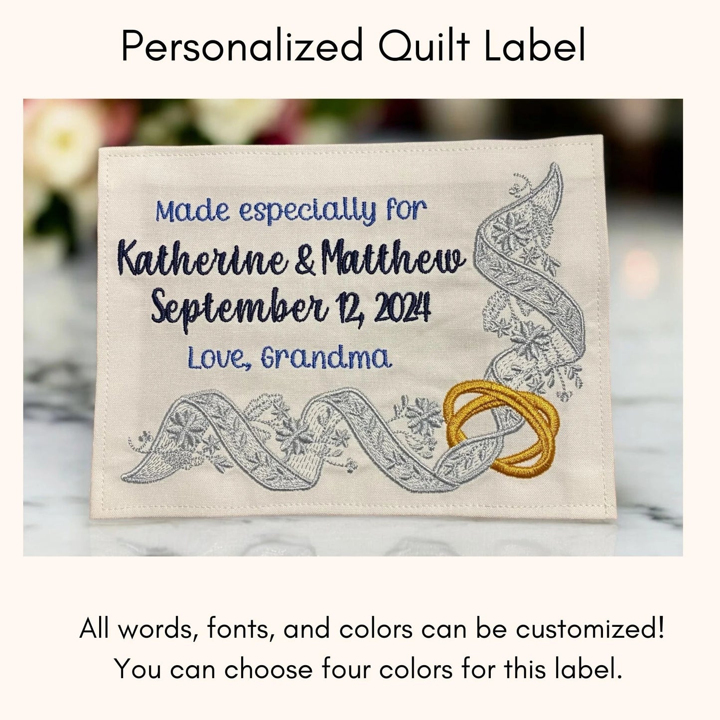 Custom Embroidered Wedding Ring Quilt Label