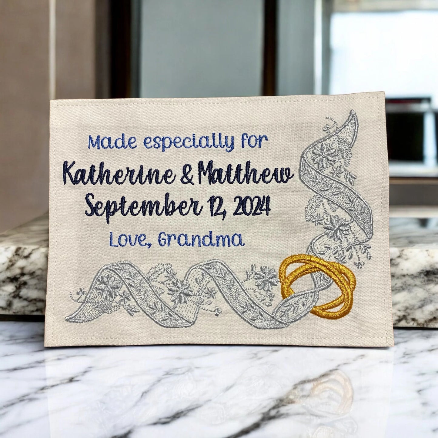 Custom Embroidered Wedding Ring Quilt Label