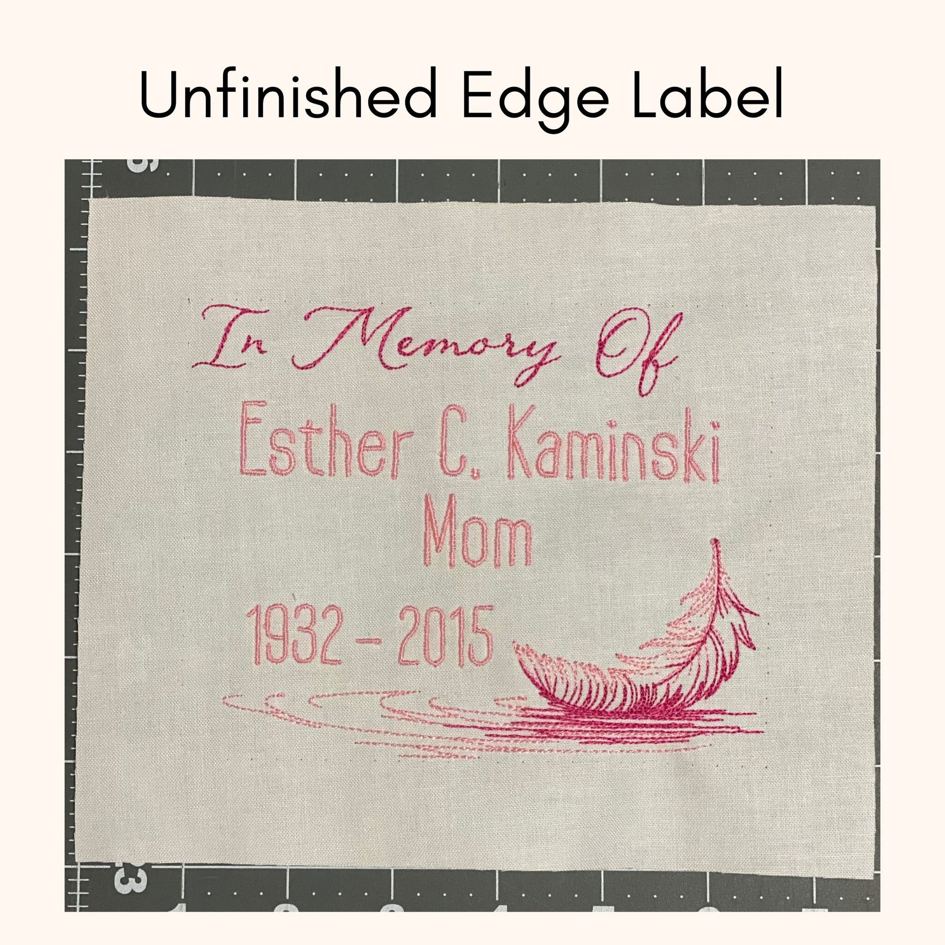 Custom Embroidered Feather Memory Quilt Label | Personalized Embroidered Feather Memory Quilt Label | Personalized Feather Quilt Label
