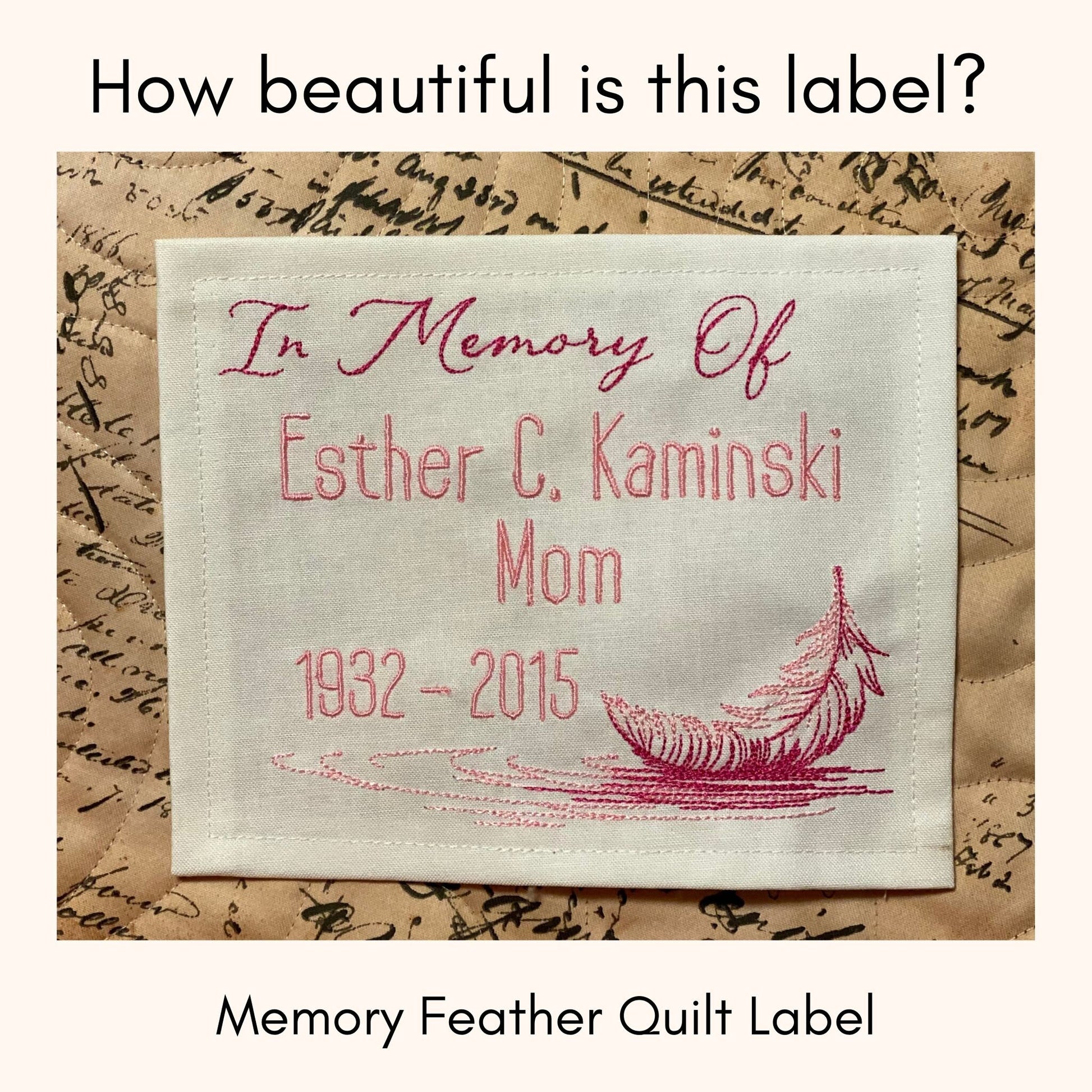 Custom Embroidered Feather Memory Quilt Label | Personalized Embroidered Feather Memory Quilt Label | Personalized Feather Quilt Label