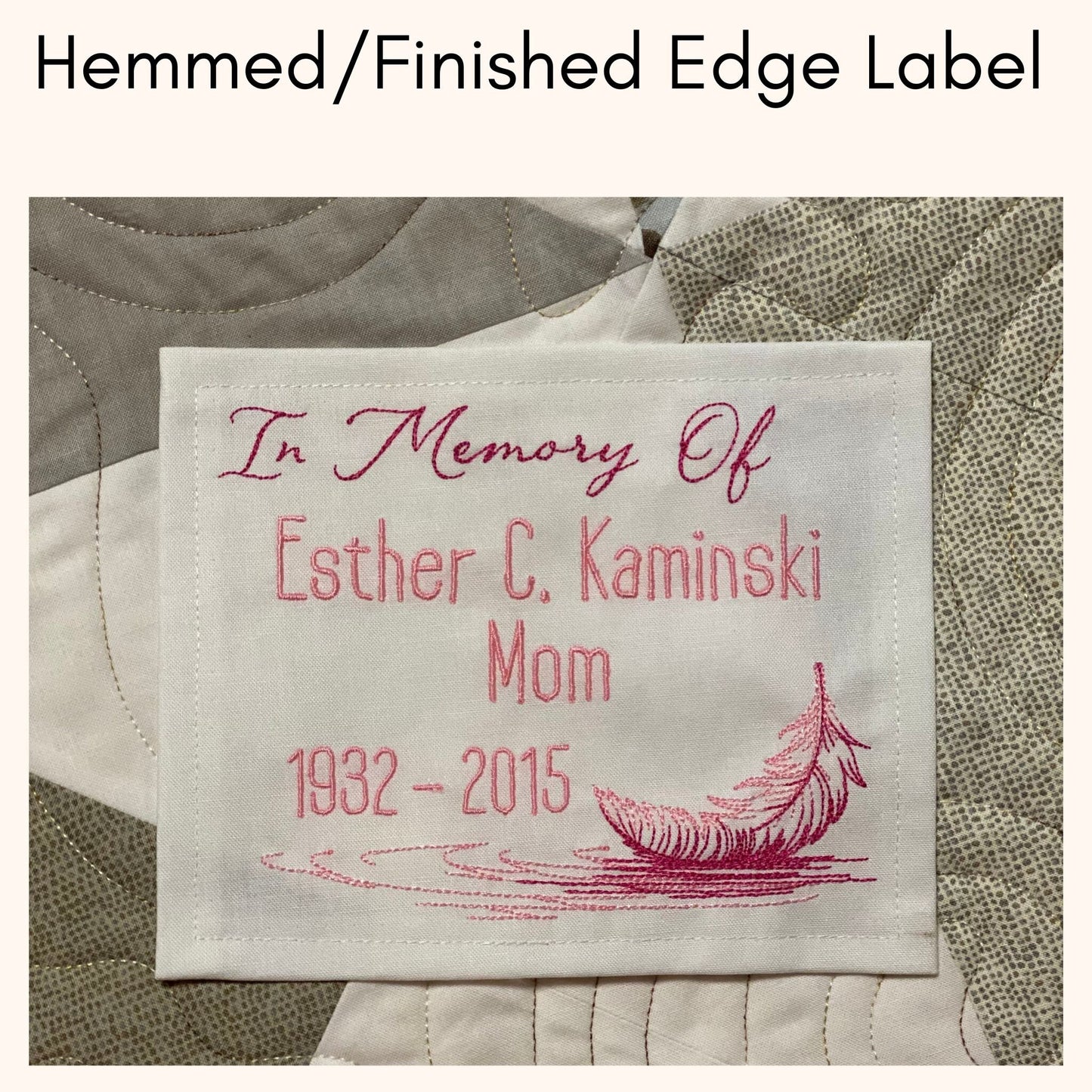 Custom Embroidered Feather Memory Quilt Label | Personalized Embroidered Feather Memory Quilt Label | Personalized Feather Quilt Label