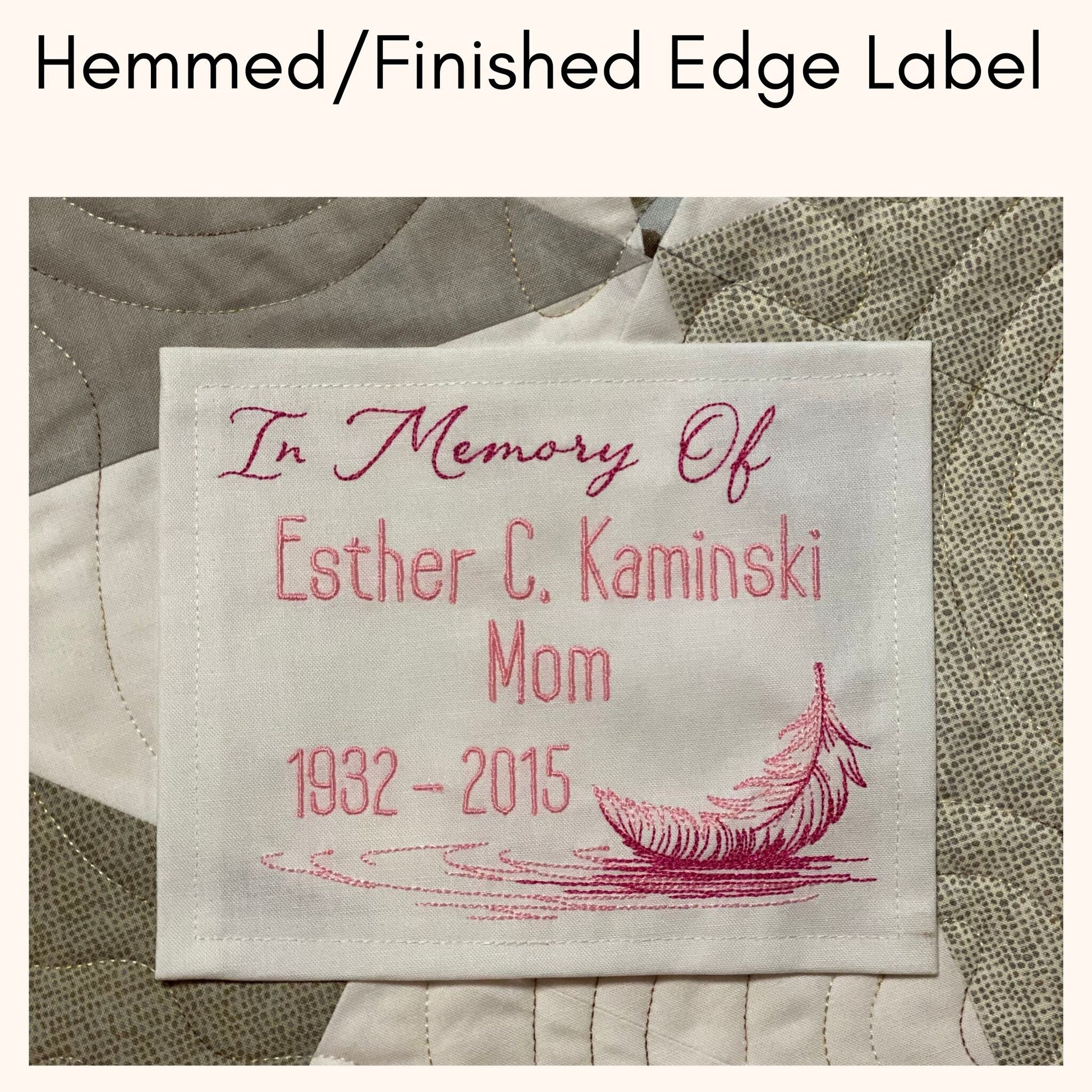 Custom Embroidered Feather Memory Quilt Label | Personalized Embroidered Feather Memory Quilt Label | Personalized Feather Quilt Label