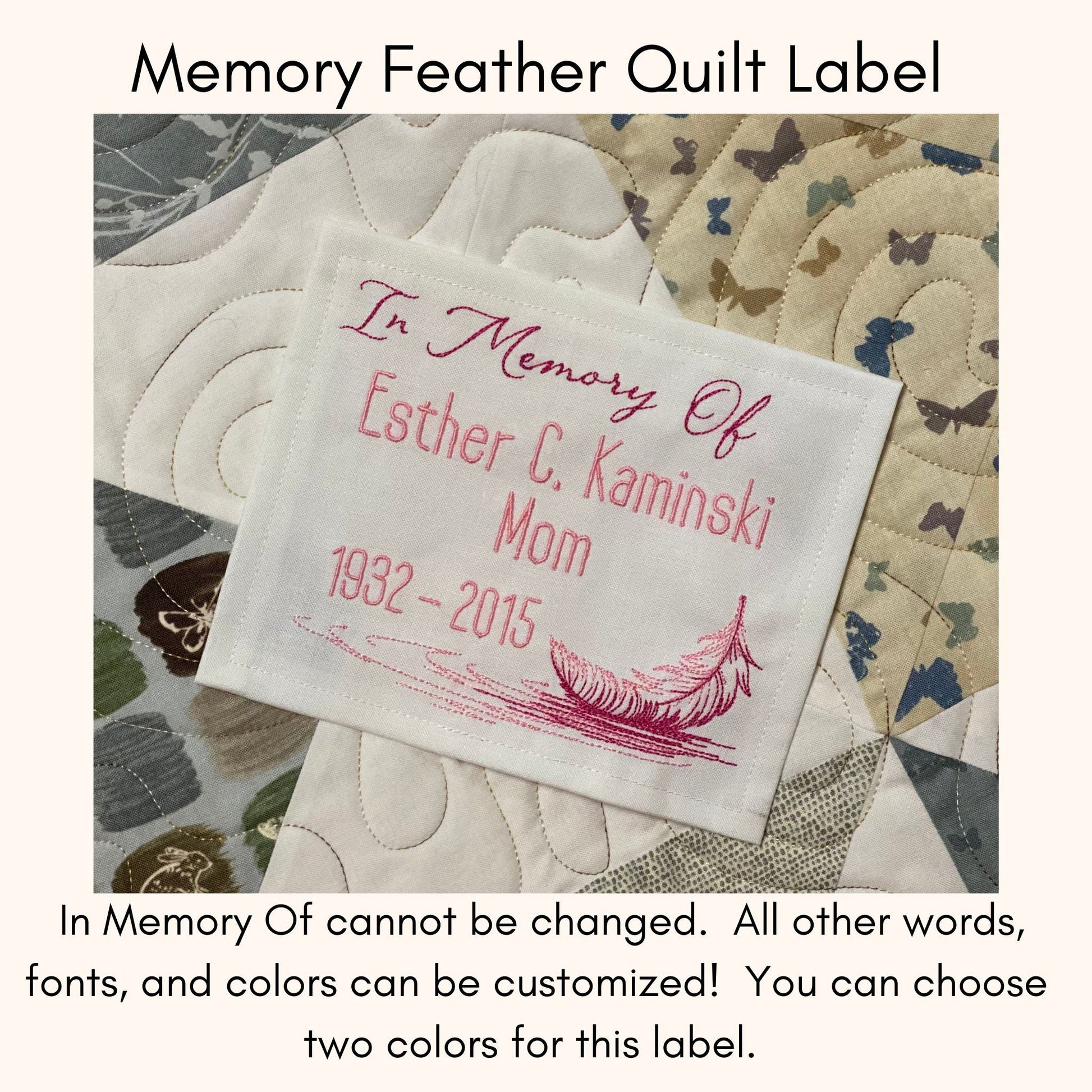 Custom Embroidered Feather Memory Quilt Label | Personalized Embroidered Feather Memory Quilt Label | Personalized Feather Quilt Label