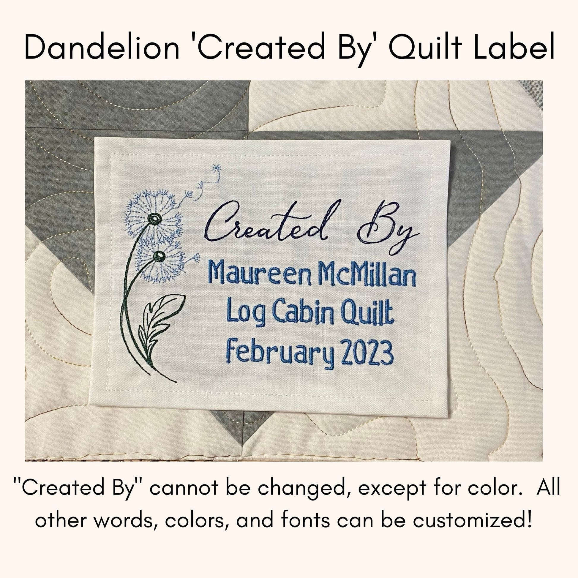 Custom Embroidered Dandelion Quilt Label | Personalized Embroidered Dandelion Quilt Label | Personalized Quilt Label | Dandelion Label