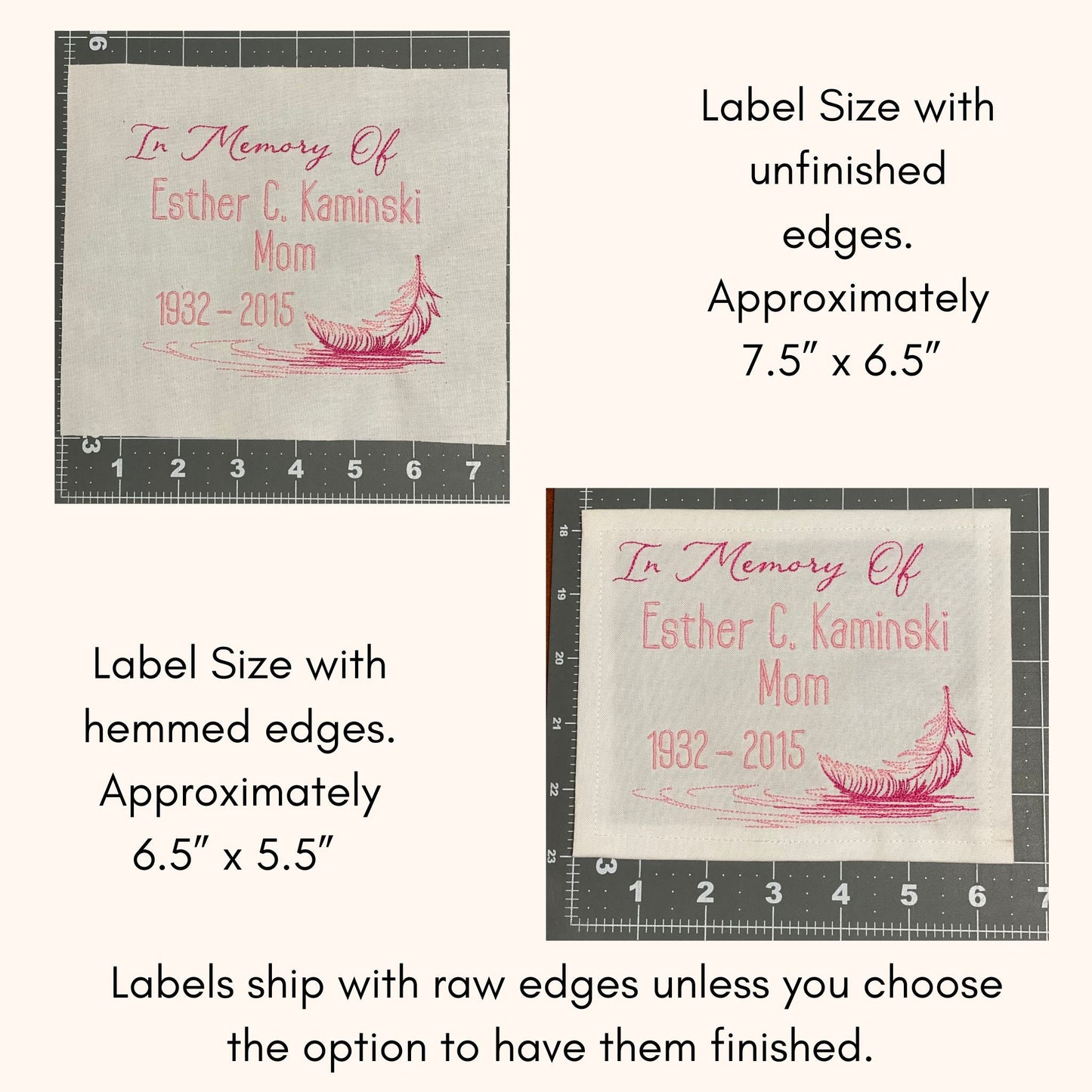 Custom Embroidered Feather Memory Quilt Label | Personalized Embroidered Feather Memory Quilt Label | Personalized Feather Quilt Label