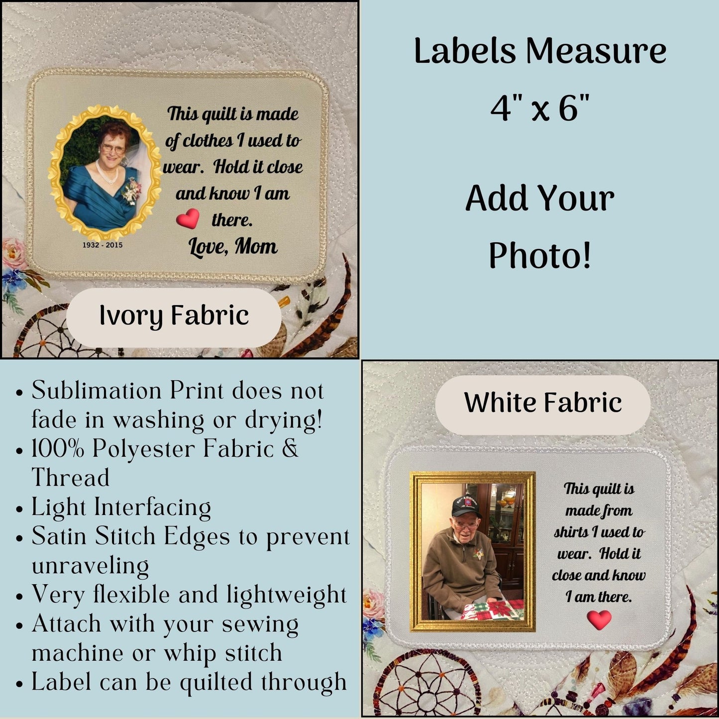 Photo Memory Quilt Label | Custom Photo Memory Quilt Label | Embroidered Memory Quilt Label | Embroidered Sublimation Photo Quilt Label
