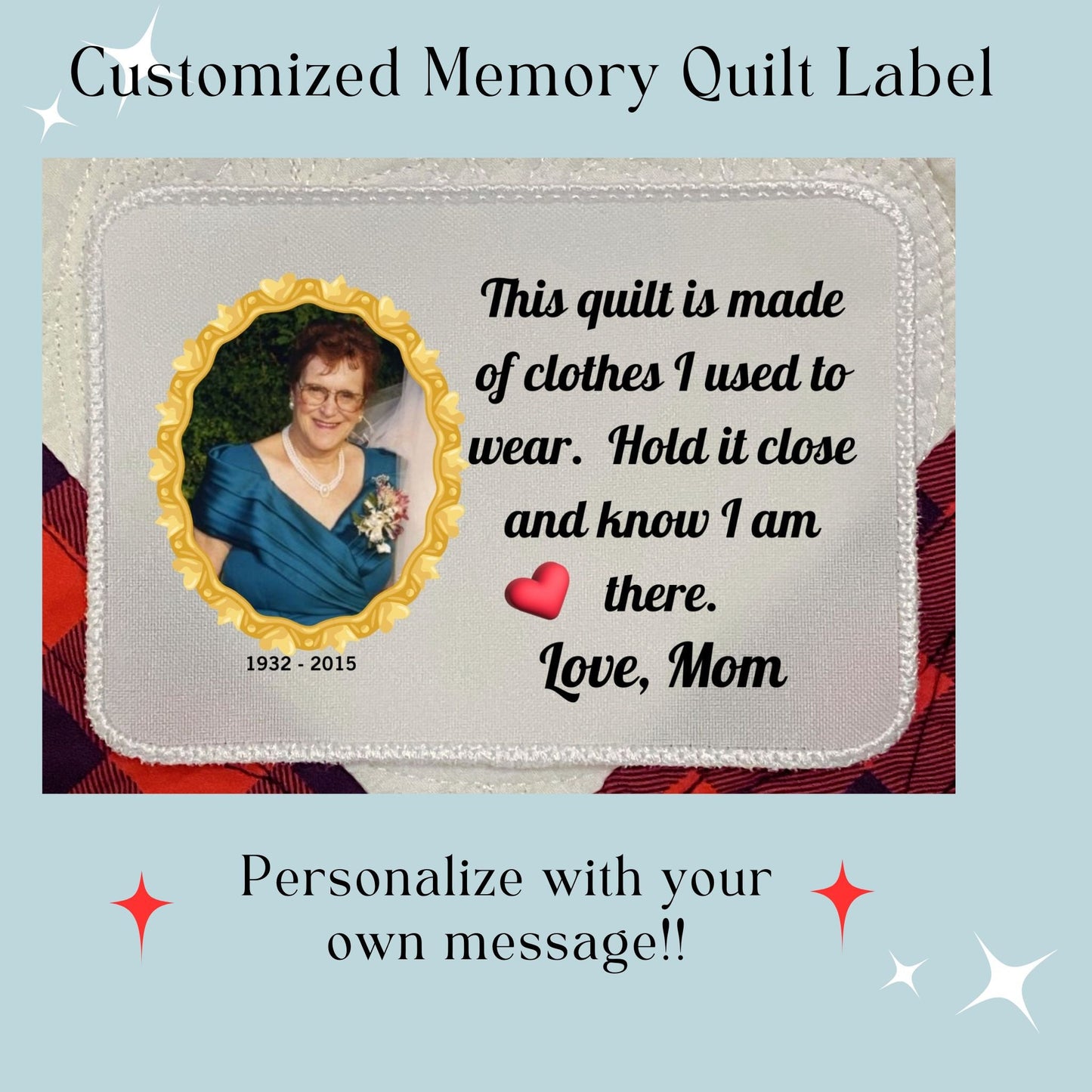 Photo Memory Quilt Label | Custom Photo Memory Quilt Label | Embroidered Memory Quilt Label | Embroidered Sublimation Photo Quilt Label