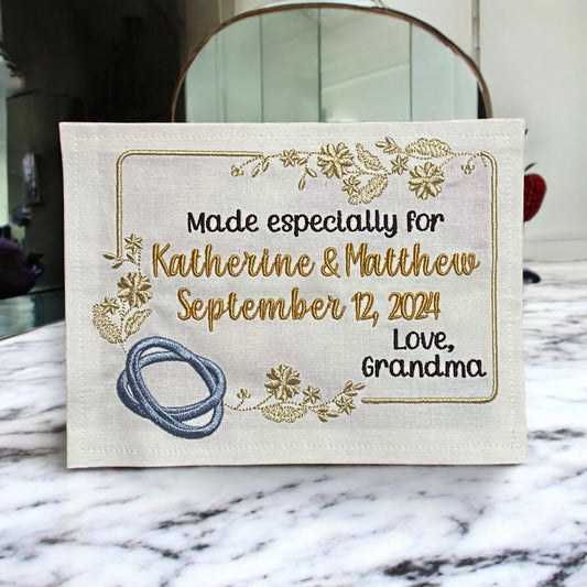 Custom Embroidered Wedding Ring Quilt Label | Embroidered Wedding Quilt Label | Personalized Quilt Label | Custom Embroidered Quilt Label