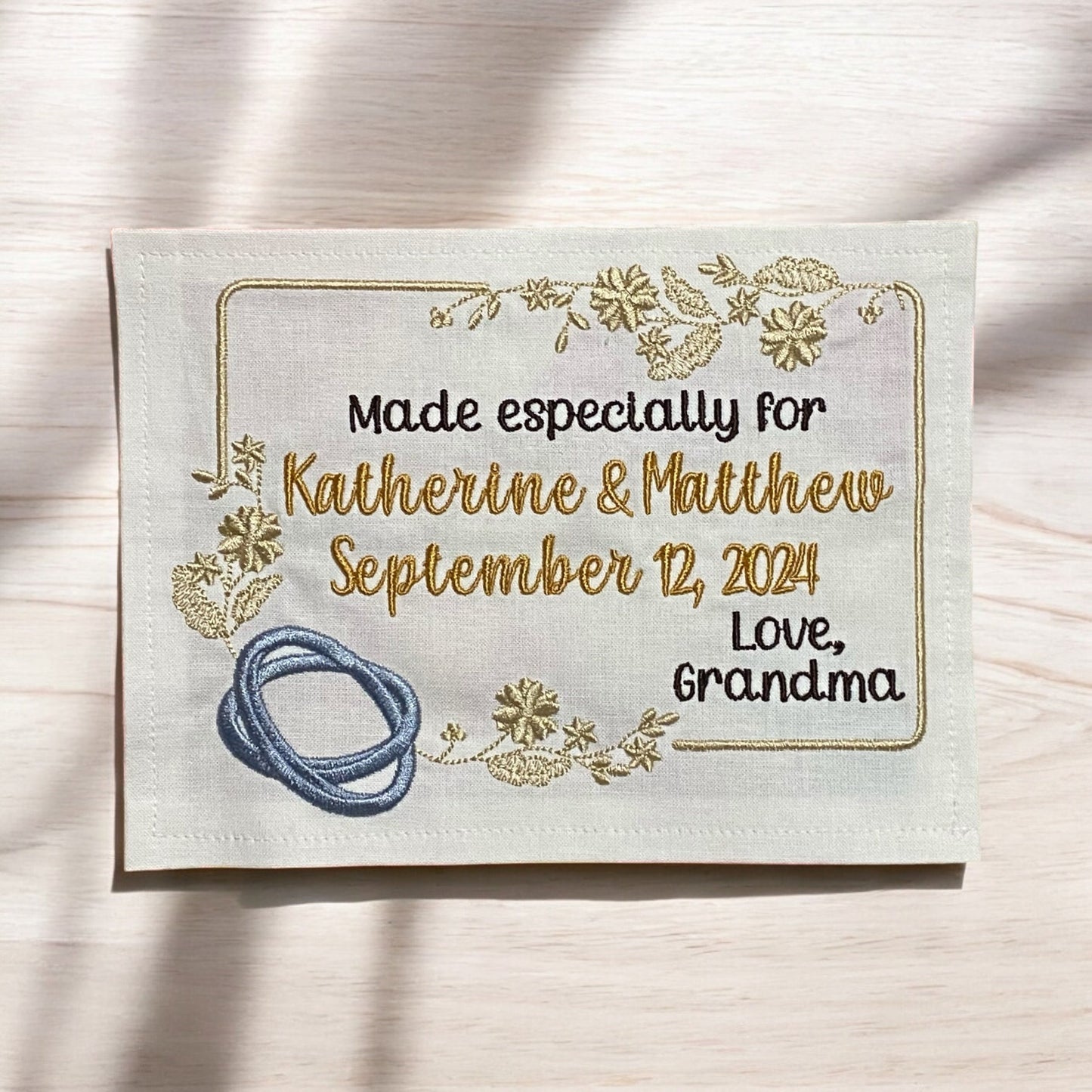 Custom Embroidered Wedding Ring Quilt Label | Embroidered Wedding Quilt Label | Personalized Quilt Label | Custom Embroidered Quilt Label