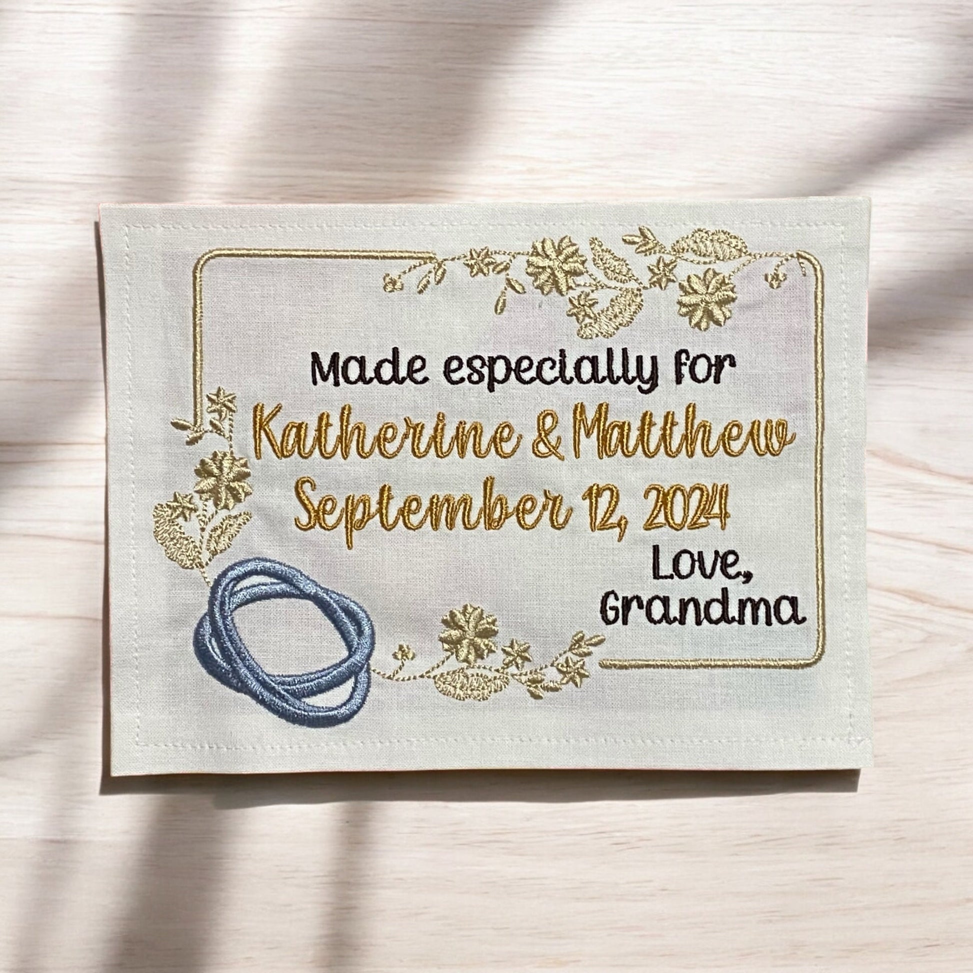Custom Embroidered Wedding Ring Quilt Label | Embroidered Wedding Quilt Label | Personalized Quilt Label | Custom Embroidered Quilt Label