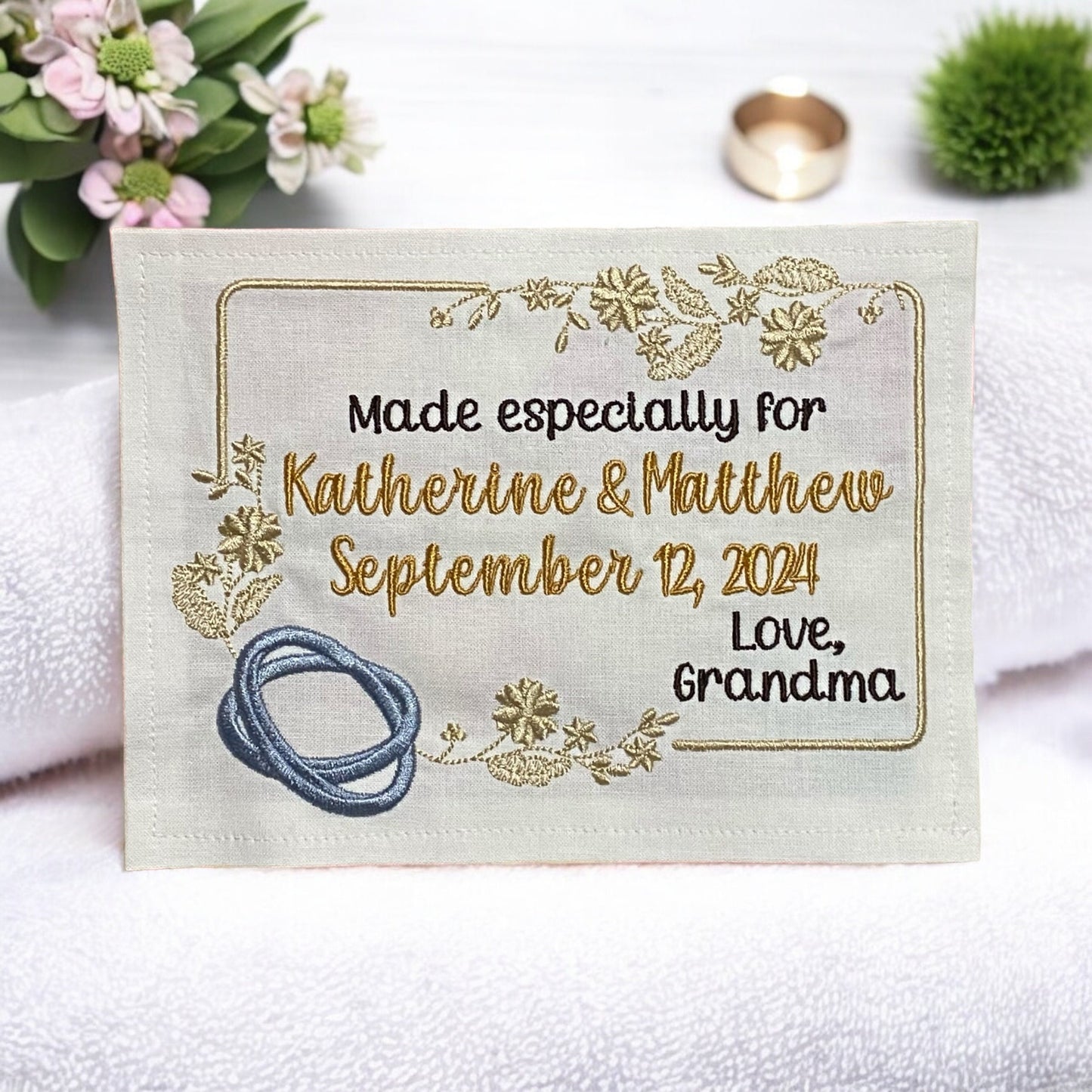 Custom Embroidered Wedding Ring Quilt Label | Embroidered Wedding Quilt Label | Personalized Quilt Label | Custom Embroidered Quilt Label