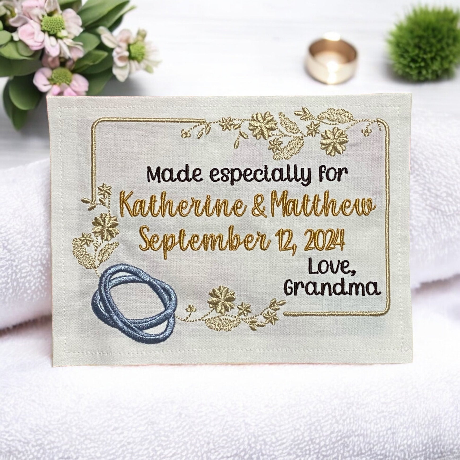 Custom Embroidered Wedding Ring Quilt Label | Embroidered Wedding Quilt Label | Personalized Quilt Label | Custom Embroidered Quilt Label