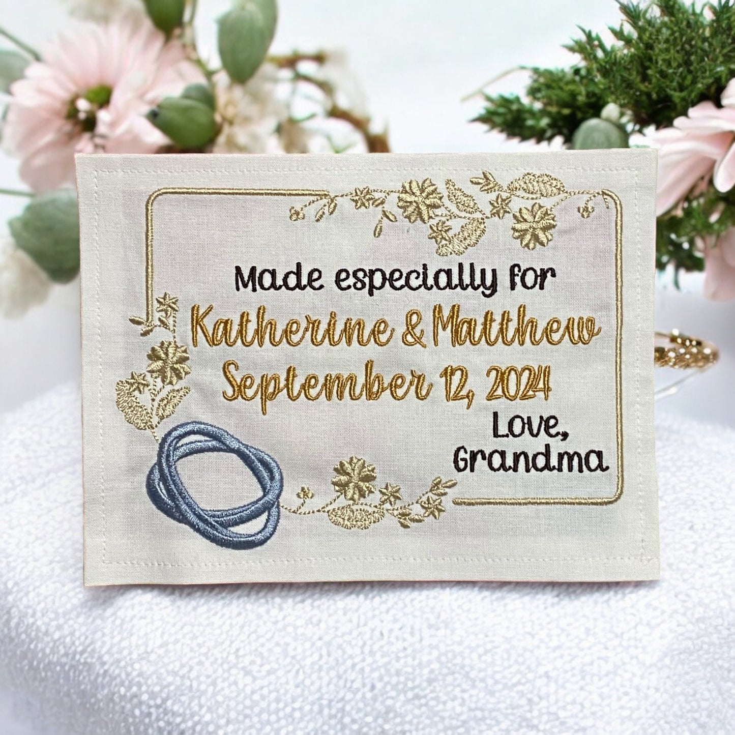 Custom Embroidered Wedding Ring Quilt Label | Embroidered Wedding Quilt Label | Personalized Quilt Label | Custom Embroidered Quilt Label