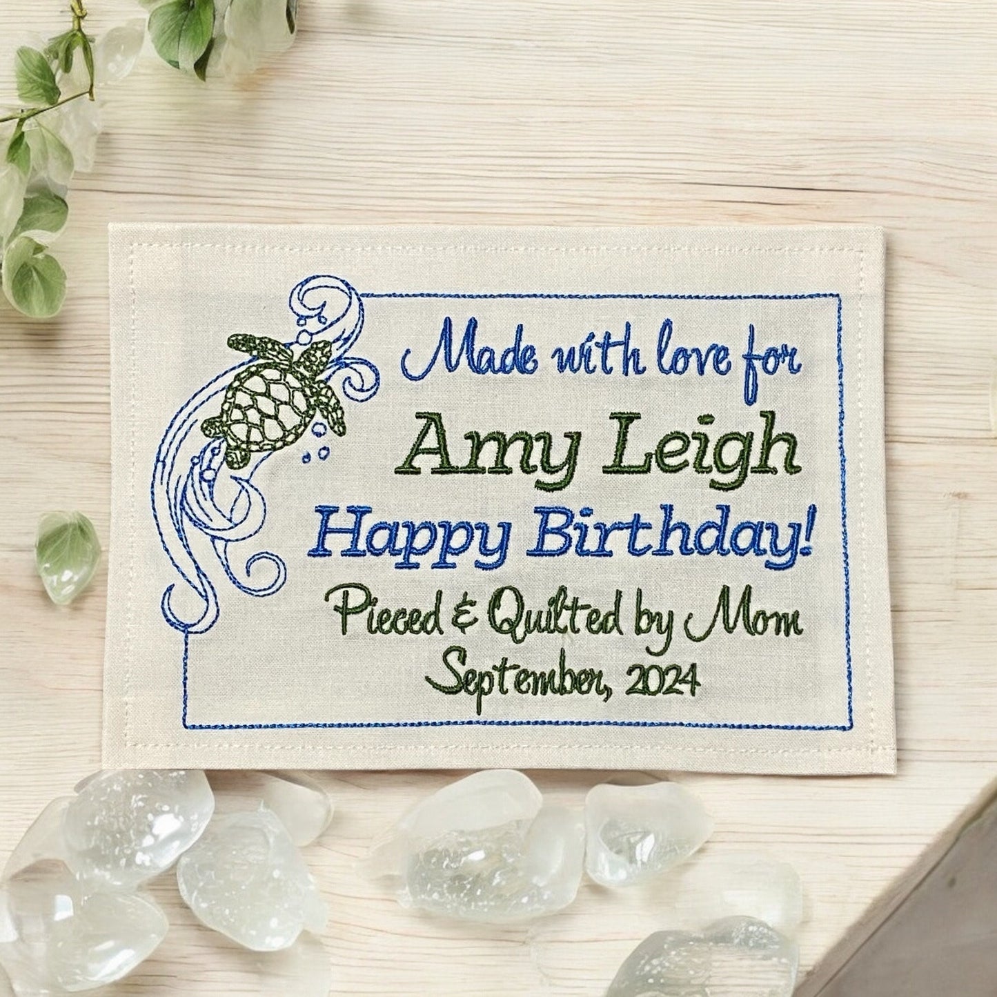 Sea Turtle Embroidered Personalized Quilt Label | Custom Embroidered Quilt Label