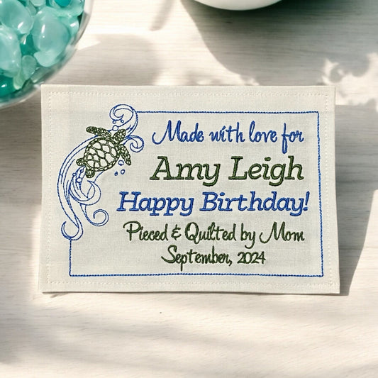 Sea Turtle Embroidered Personalized Quilt Label | Custom Embroidered Quilt Label