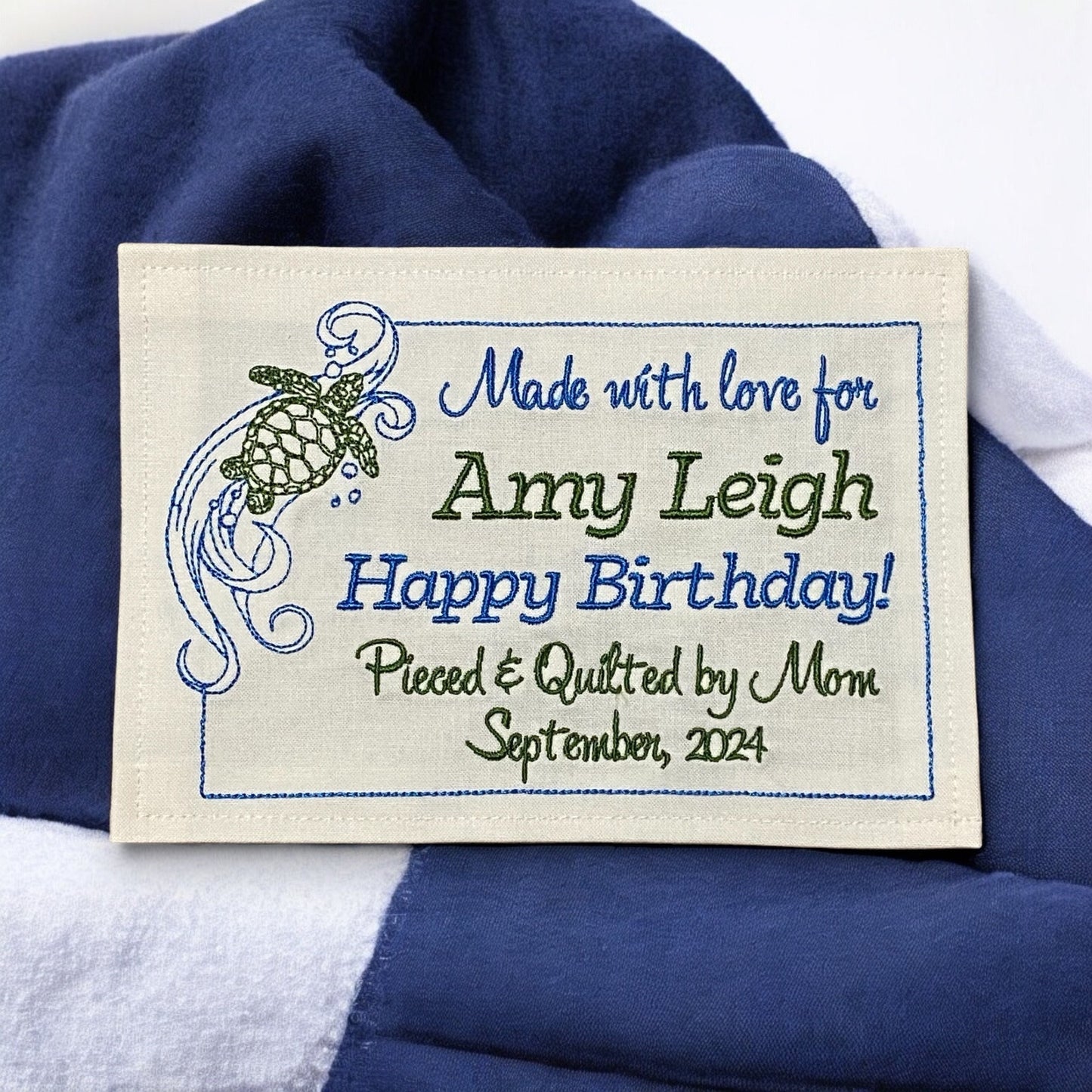 Sea Turtle Embroidered Personalized Quilt Label | Custom Embroidered Quilt Label