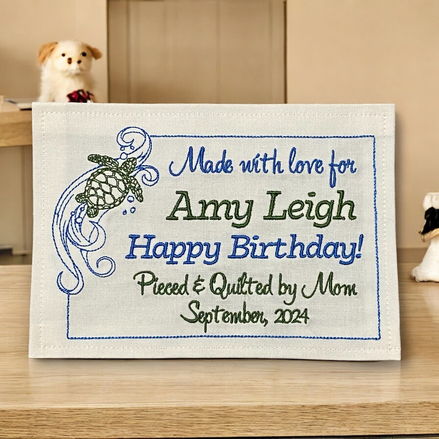 Sea Turtle Embroidered Personalized Quilt Label | Custom Embroidered Quilt Label