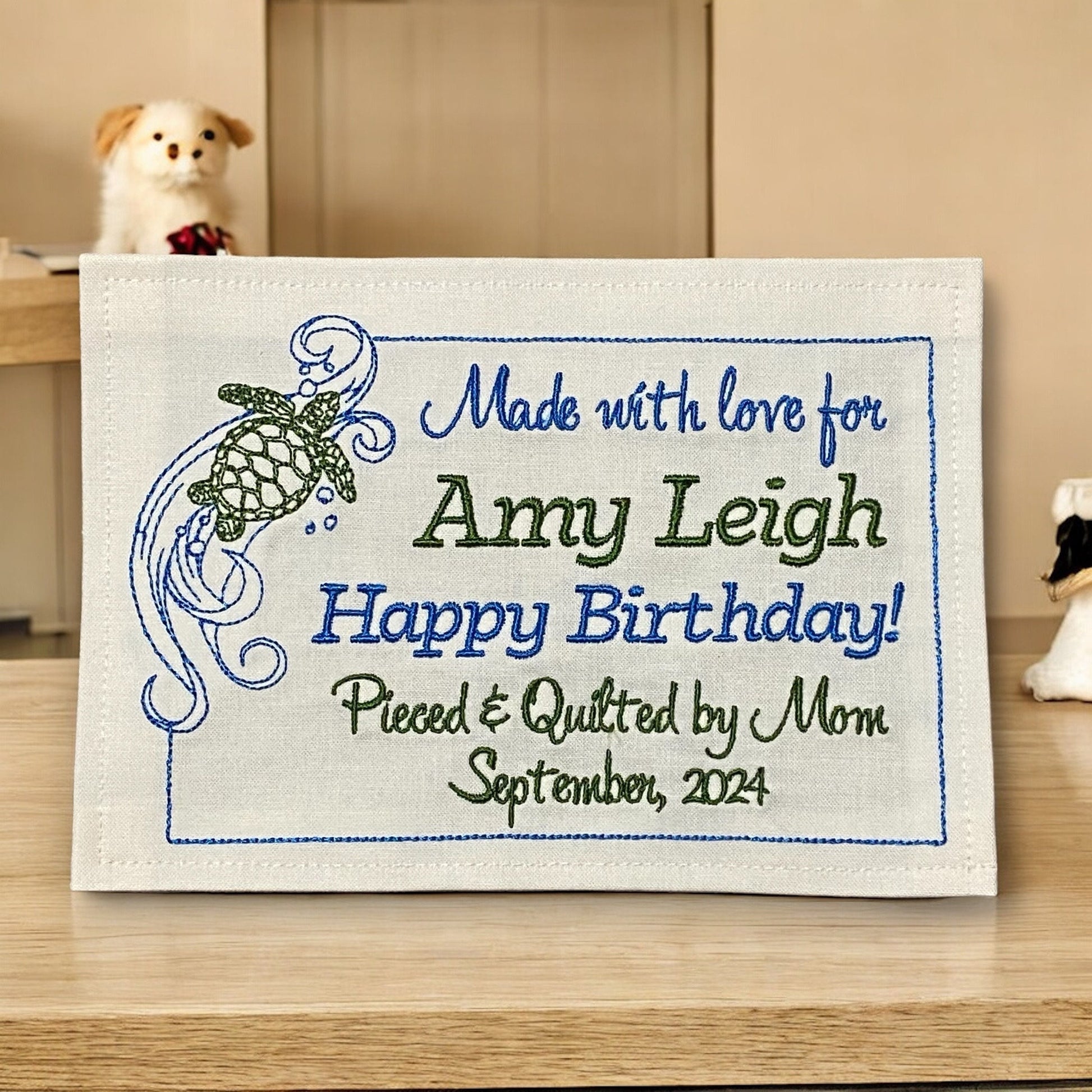 Sea Turtle Embroidered Personalized Quilt Label | Custom Embroidered Quilt Label