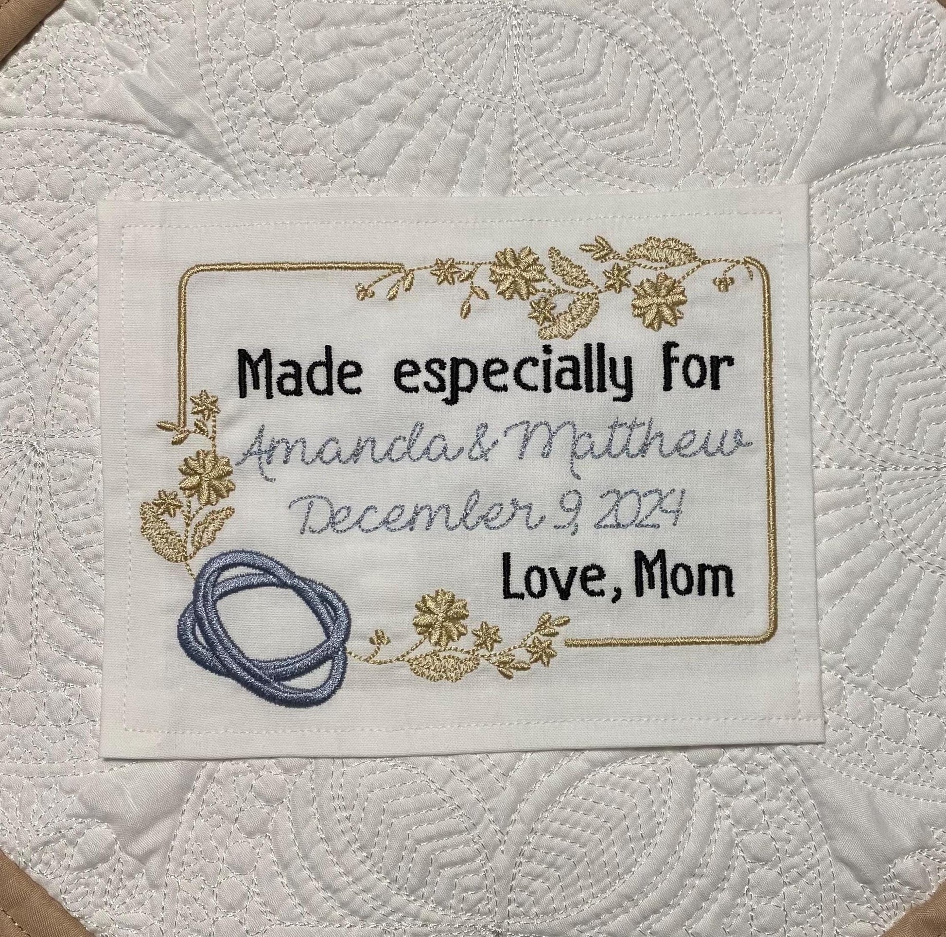 Custom Embroidered Wedding Ring Quilt Label | Embroidered Wedding Quilt Label | Personalized Quilt Label | Custom Embroidered Quilt Label