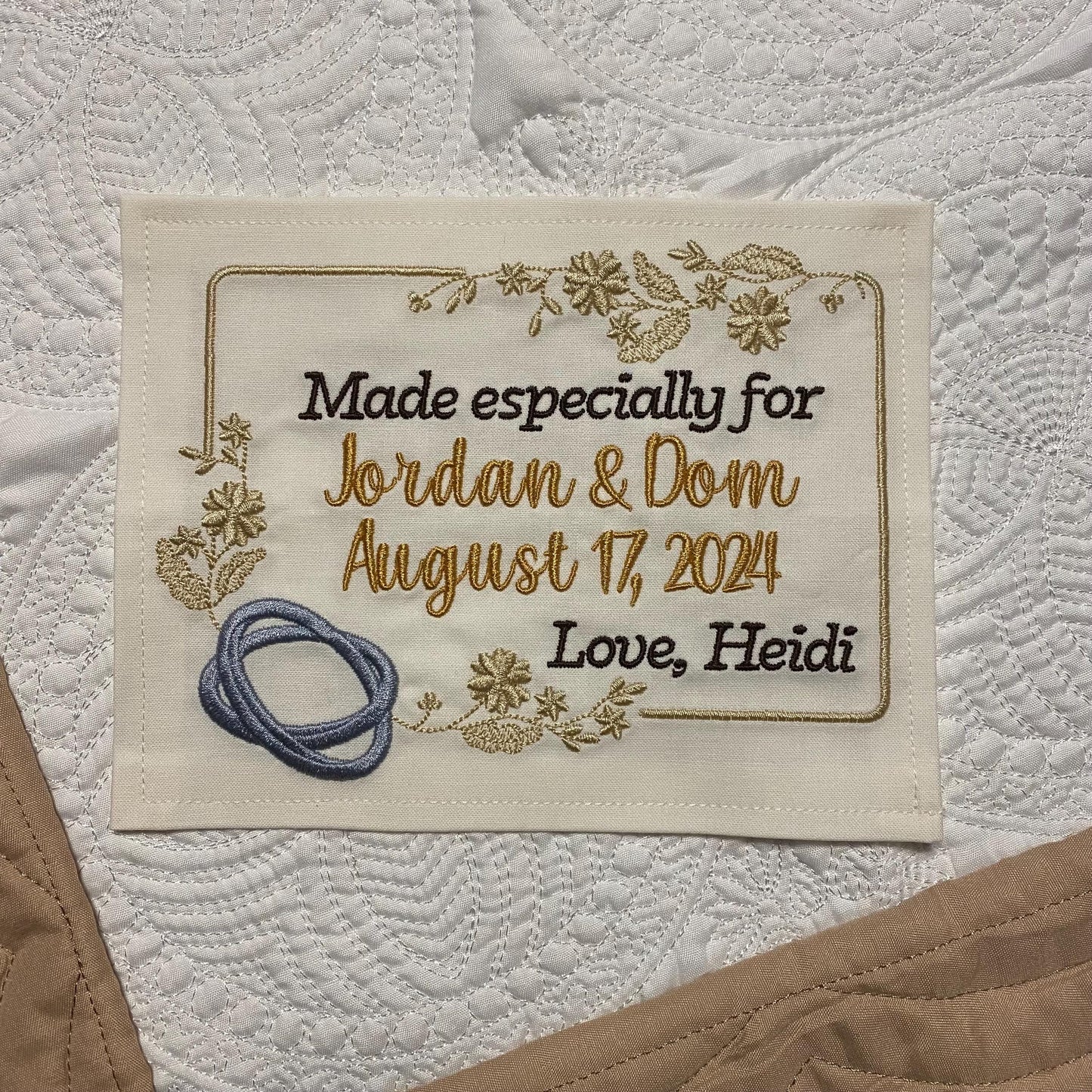 Custom Embroidered Wedding Ring Quilt Label | Embroidered Wedding Quilt Label | Personalized Quilt Label | Custom Embroidered Quilt Label