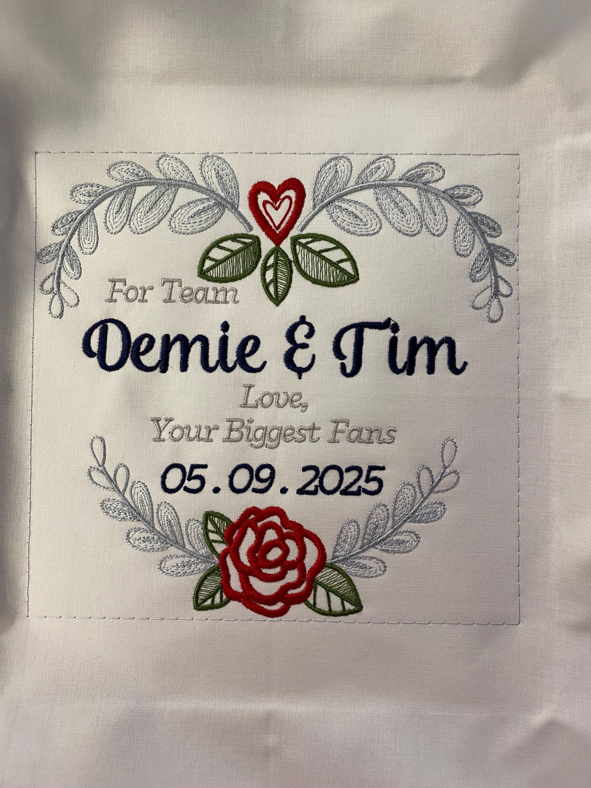 Custom embroidered heart wreath quilt block square with personalization - great for wedding, baby shower, custom quilt block