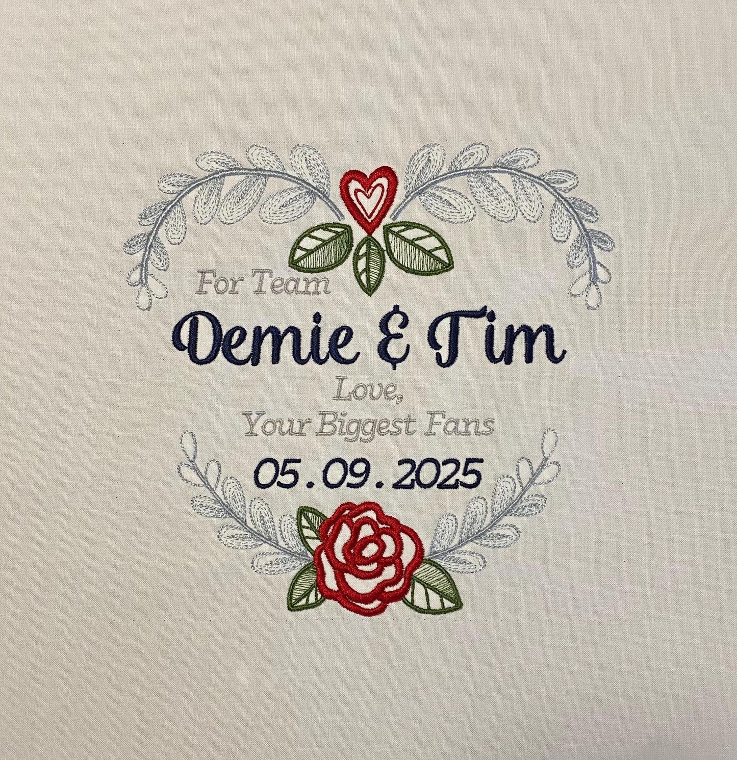 Custom embroidered heart wreath quilt block square with personalization - great for wedding, baby shower, custom quilt block