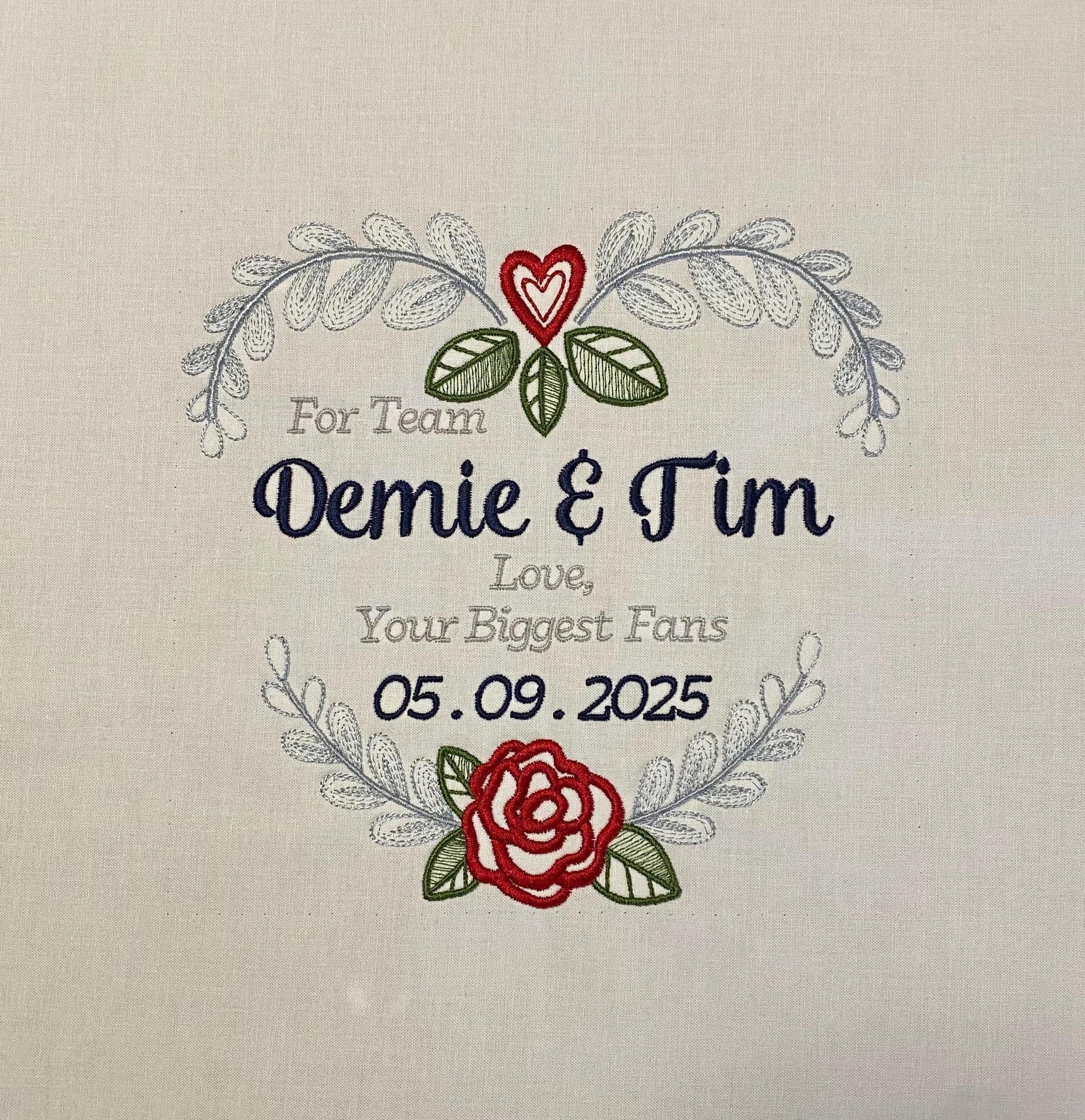 Custom embroidered heart wreath quilt block square with personalization - great for wedding, baby shower, custom quilt block