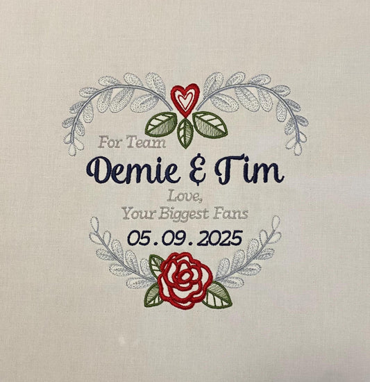 Custom embroidered heart wreath quilt block square with personalization - great for wedding, baby shower, custom quilt block