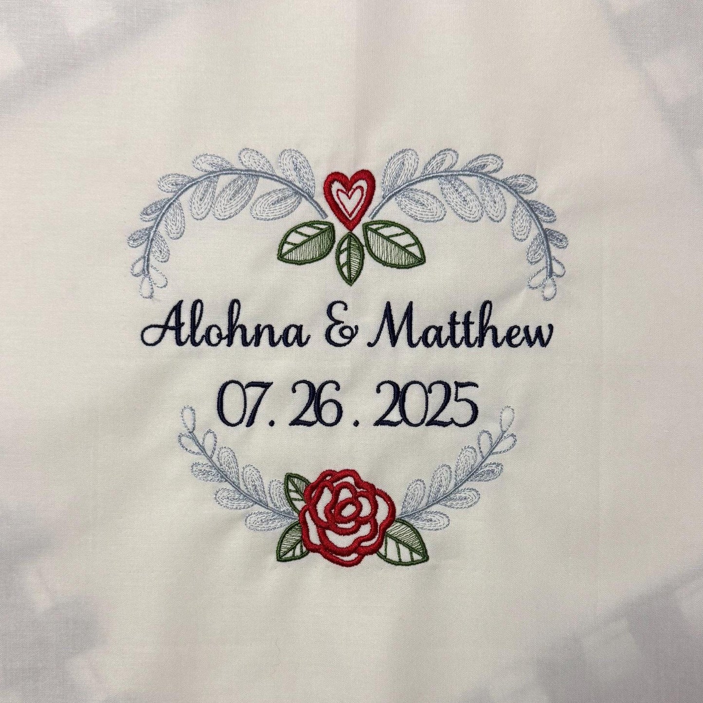 Custom embroidered heart wreath quilt block square with personalization - great for wedding, baby shower, custom quilt block
