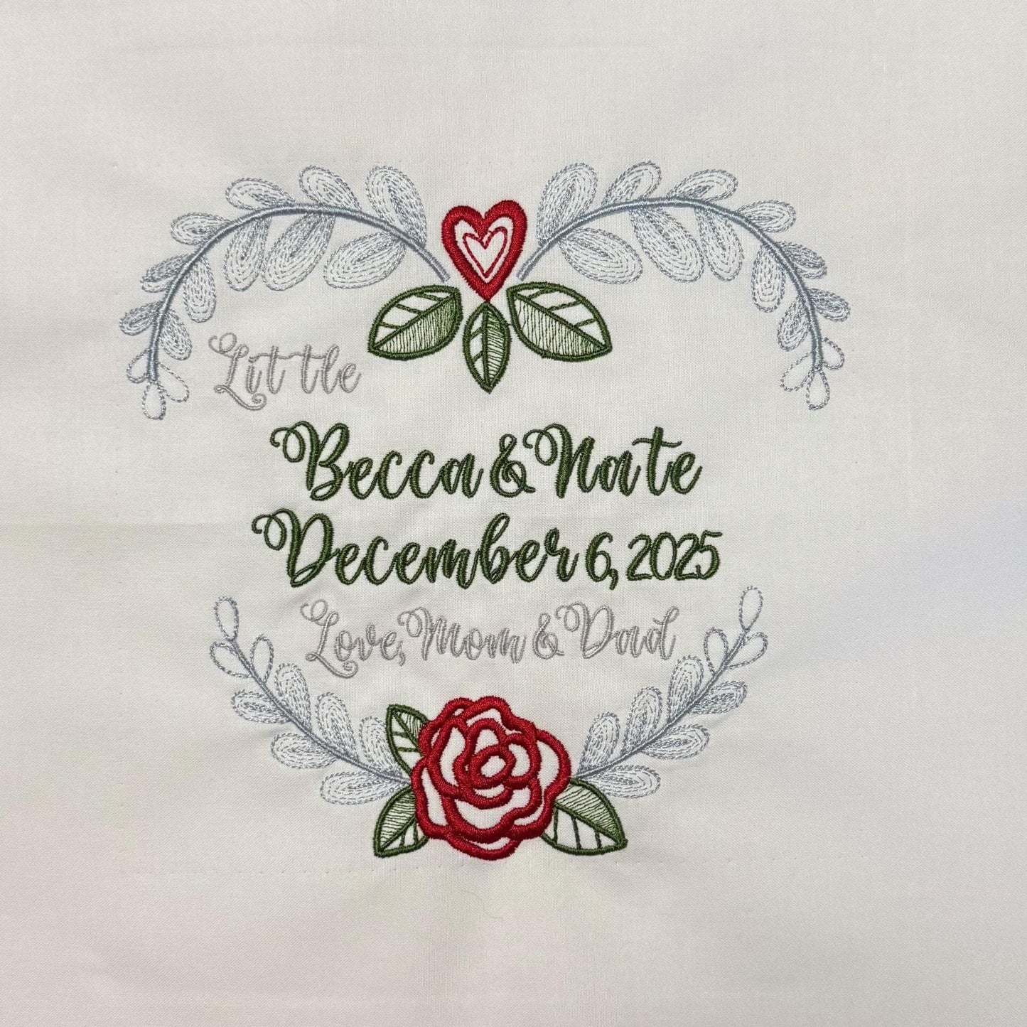 Custom embroidered heart wreath quilt block square with personalization - great for wedding, baby shower, custom quilt block