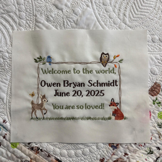 Woodland Animal Forest Embroidered Quilt Label - Personalized